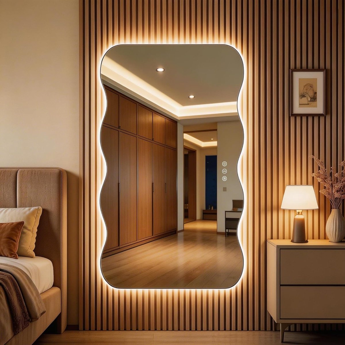 Golvende spiegel in volledige lengte met verlichting - 55" × 30" led golvende vloerspiegel, frameloos, dimbaar, staand, verticaal/horizontale wandspiegel voor slaapkamer, woonkamer, garderobe