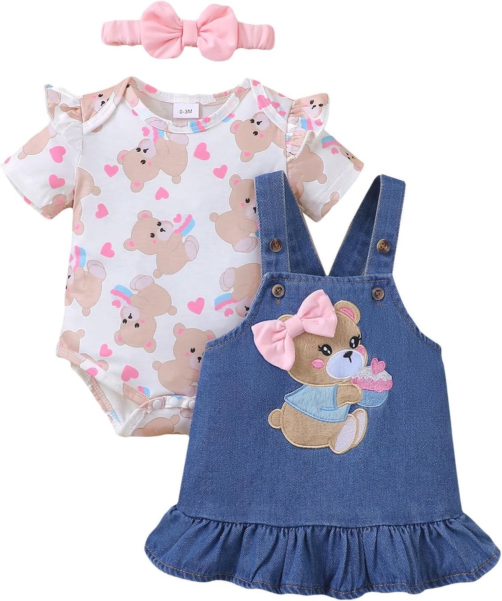 Set voor baby's, meisjes, korte mouwen, hartpatroon, rok, bandjes, beer, hoofdband met strik, 0-18 maanden