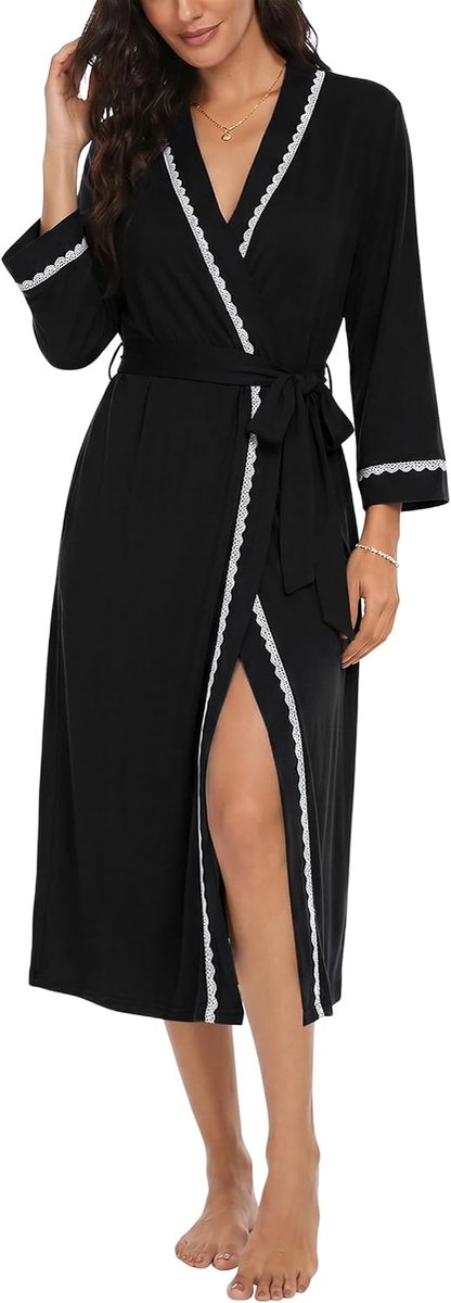 Badjas voor dames, lang, kant, kimono, pyjama, comfort