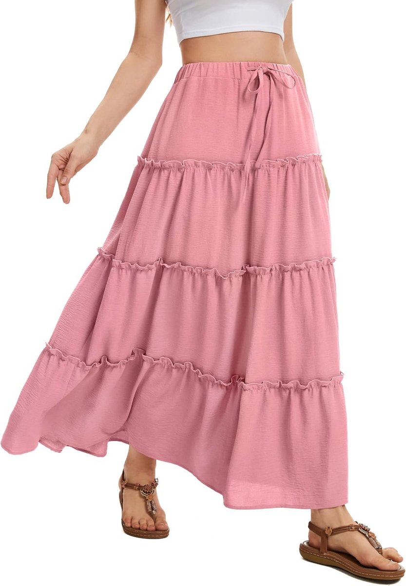 Maxi Rok voor Dames Elastische Hoge Taille met Trekkoord Zomerse Gelaagde Lange Rok met 2 Zakken Voor Dagelijks Gebruik Vakantie & Casual Draag