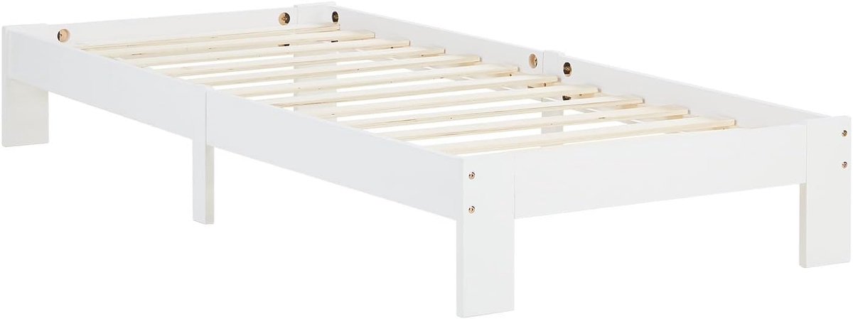 2521, bed eenpersoonsbed houten bed 90x200 met lattenbodem, wit grenen, bedframe massief hout, futonbed