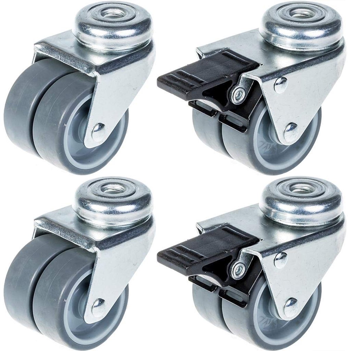 50mm 2" twin wheel castor grijs rubber swivel & rem 280kg capaciteit, set van 4