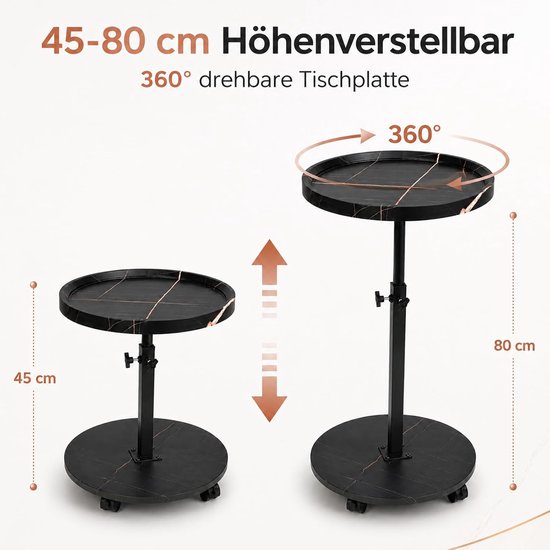 Bijzettafel, rond, met wieltjes, in hoogte verstelbaar (45-80 cm), ronde houten bijzettafels, 360° draaibaar, walnoothouten afwerking, kleine salontafel voor woonkamer, bank, zwart — afbeelding 2