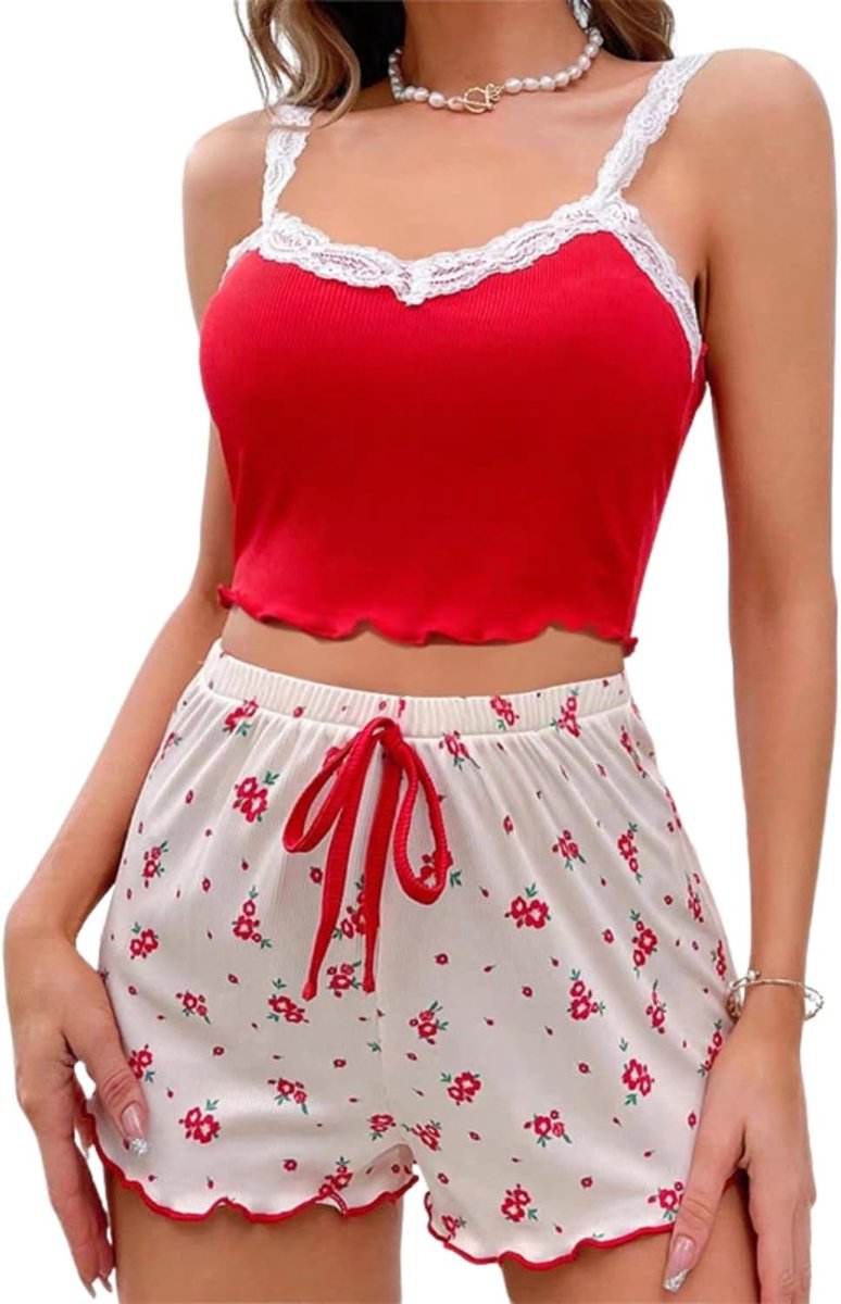 Pyjama voor dames, kort, tweedelige pyjamaset, hartjesprint, cami top en shorts, mouwloos, nachtkleding, sexy loungewear