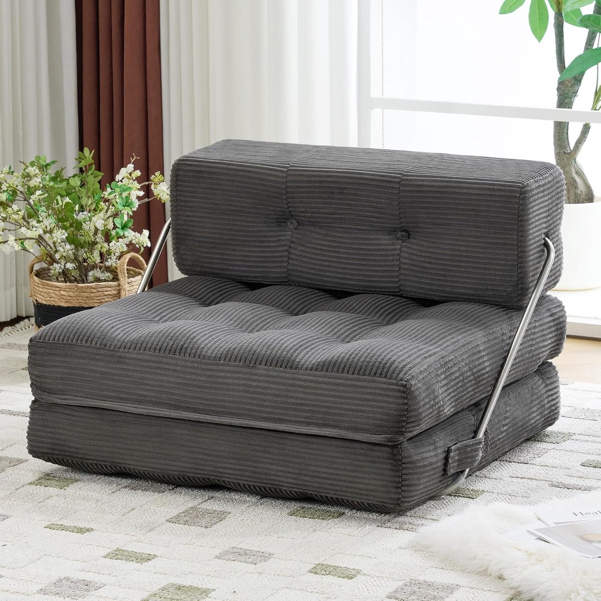 3-in-1 Opvouwbare Slaapbank, 1-Zits Slaapfauteuil Plooibaar met Traagschuim en Kussen, Fauteuil Bed Ideaal voor Kleine Ruimtes, Slaapkamer, Woonkamer of Kantoor(Grijs)