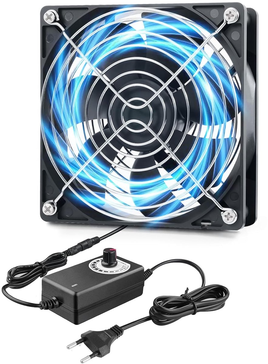 PC-ventilator, 120 mm, stille ventilator, 12 V, met 3 instelbare snelheden, draagbare pc-ventilator AC 220 V - 240 V, voor tv, radio, router