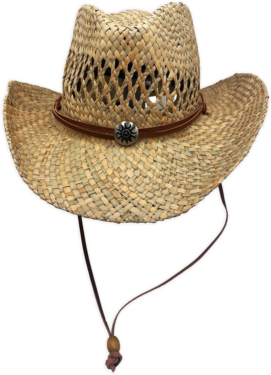 Cowboyhoed van stro, landelijke stijl, met lederen band en decoratief fineer, Bruin, 60 cm