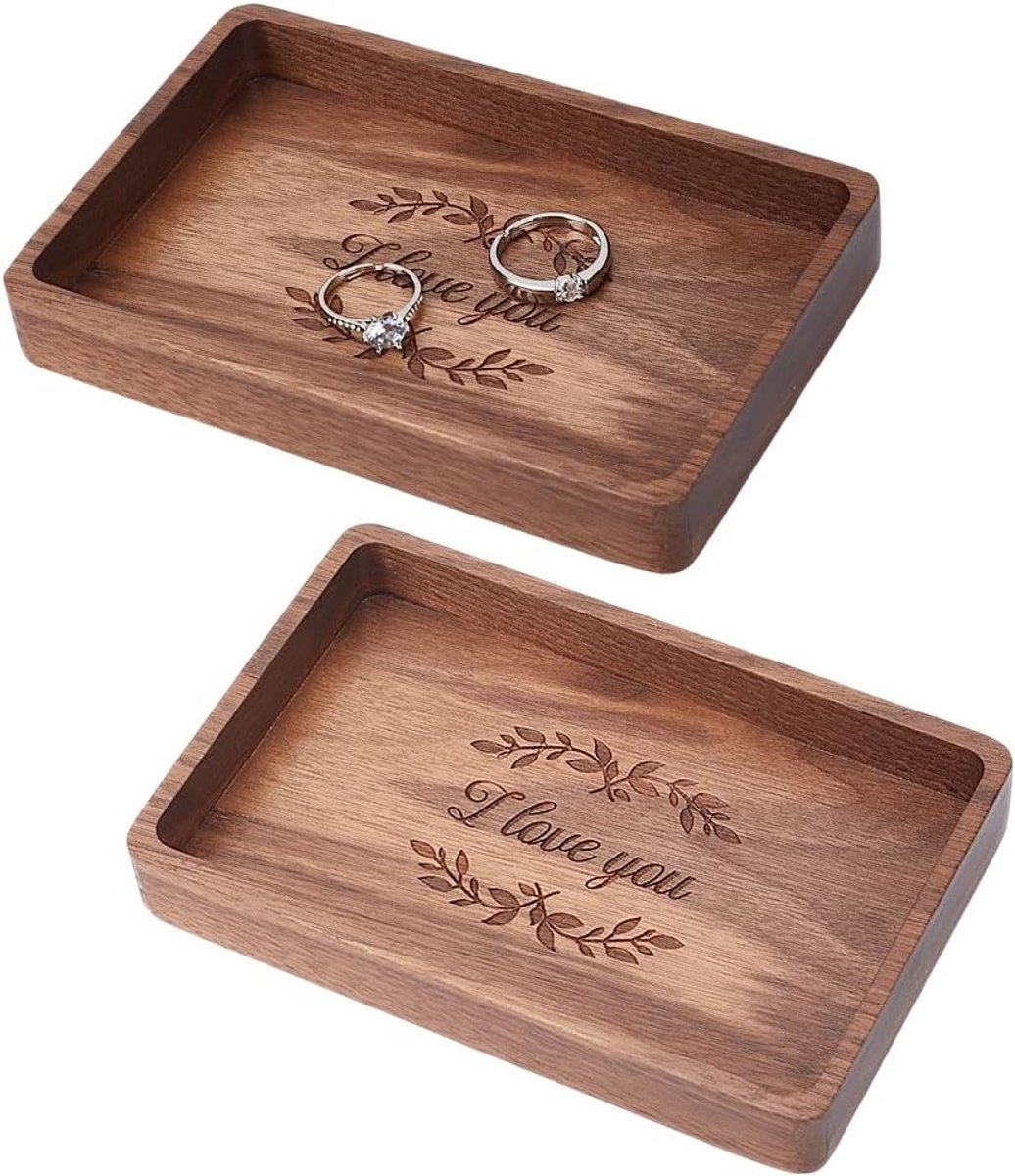 Dailygoods- Sieradenhouder Houten Tray - 2 Stuks - 14x9cm - Juwelen Organizer - Ringenhouder - Oorbellenhouder - Perfect voor Verlovingsringen - Juwel