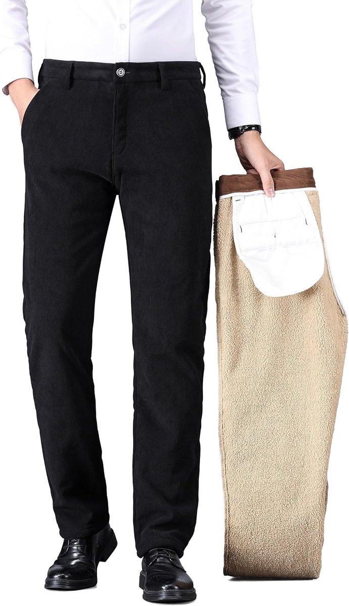broek voor heren, wintermodel met fleecevoering, rekbaar, gevoerde corduroy pantalon met lamswollen binnenlaag
