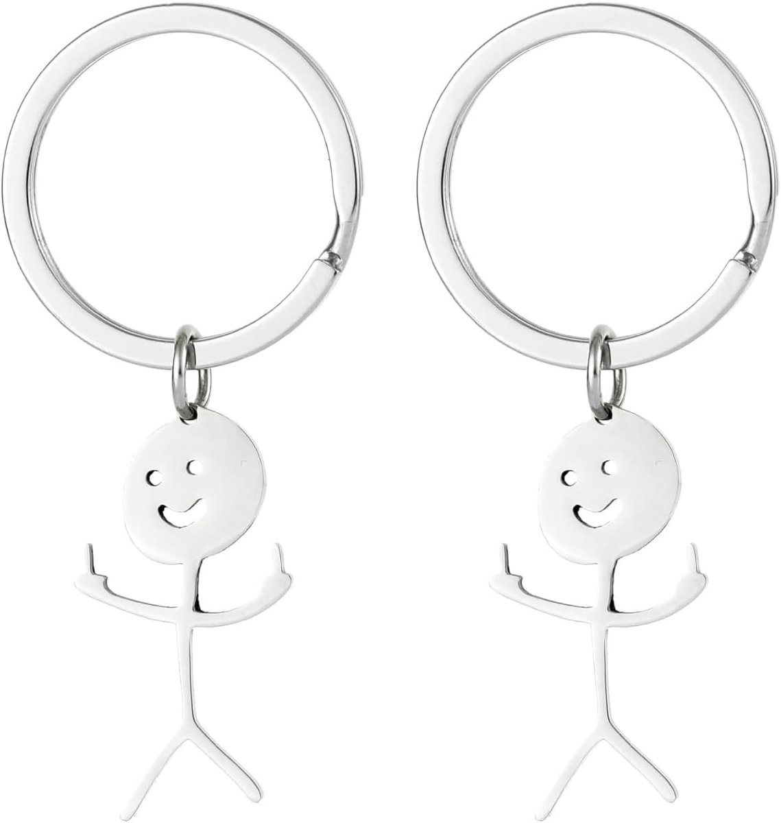 2 stuks grappige sleutelhanger, roestvrij staal Stickman & middelvinger hanger voor een onvergetelijk gepersonaliseerd sleutelhanger cadeau (zilver)