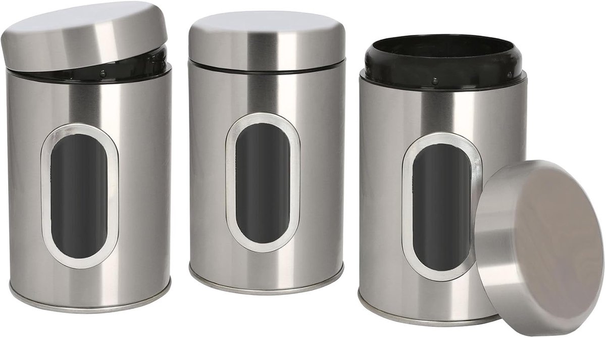 Housewares Roestvrij Staal Voedsel Opslag Containers & Window Set - Geborsteld - 3 st Luchtdichte Thee Koffie Suiker Keuken Pot Caddy Canisters