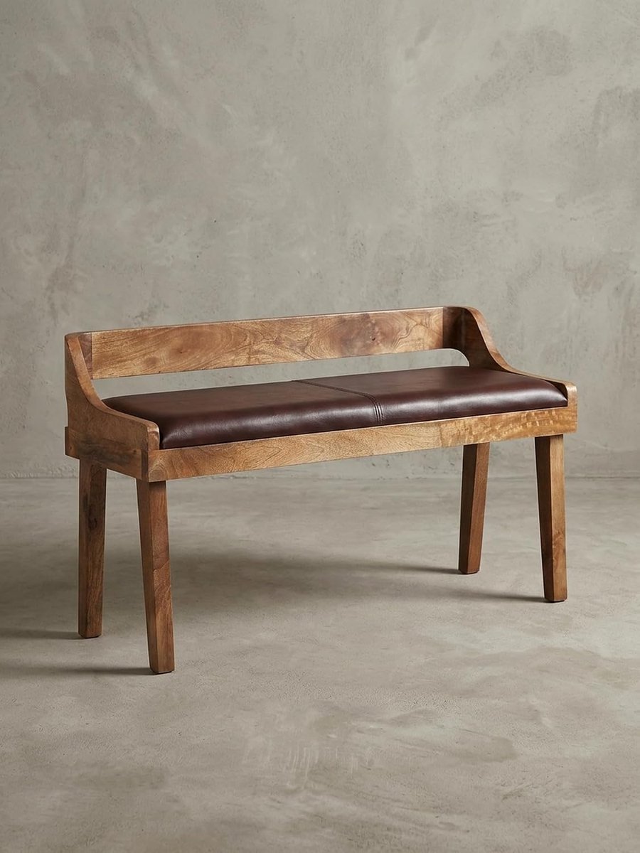 Zitbank van echt leer/massief hout, 108 x 63 x 43 cm, gestoffeerde bank met rugleuning, bank, hal, slaapkamer, bruin, kleine bedbank leer