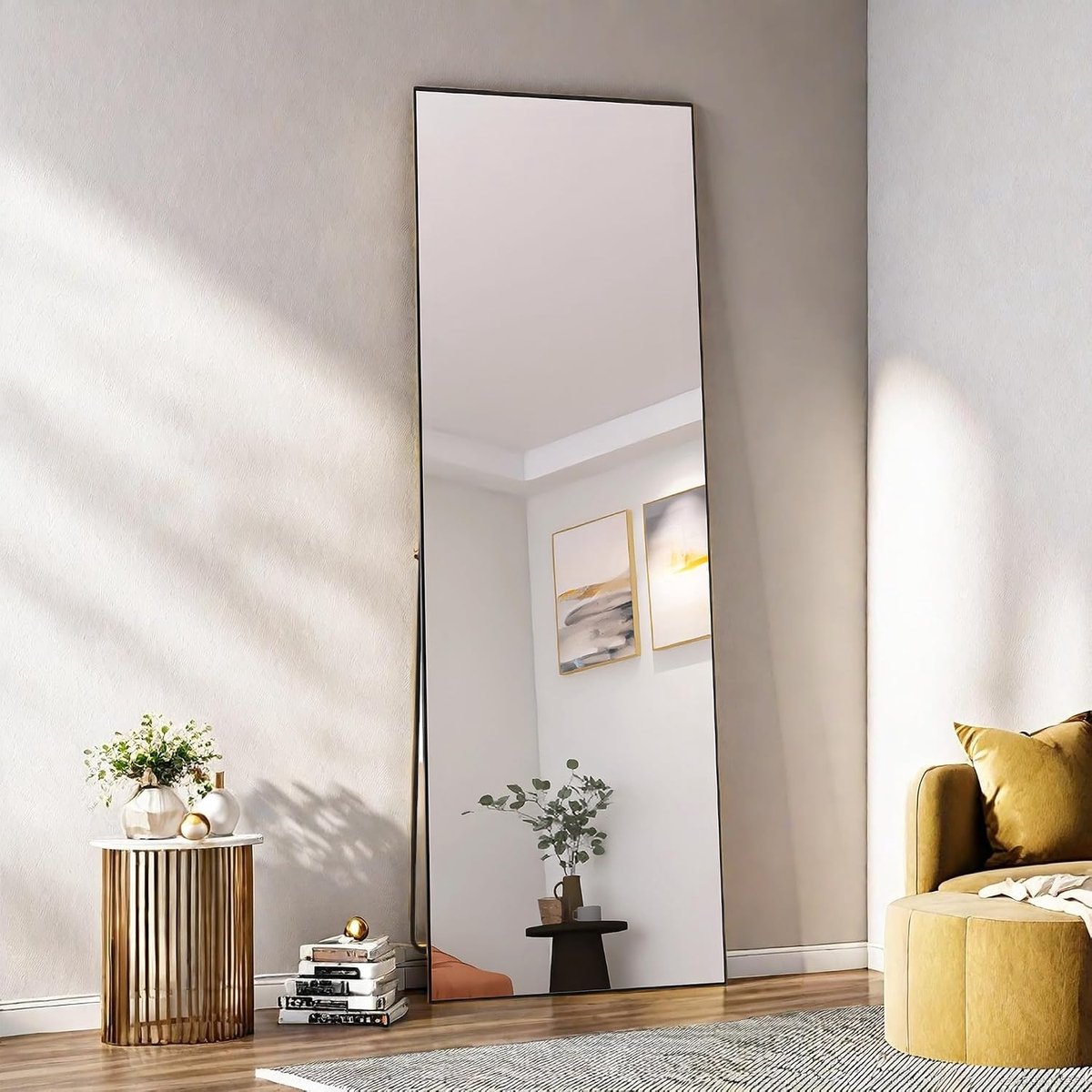 Spiegel, 162 x 53 cm, full-body spiegel, robuust, modern, grote wandspiegel, staand of hangend, frame van aluminiumlegering, gehard glas, voor slaapkamer, woonkamer (zwart)
