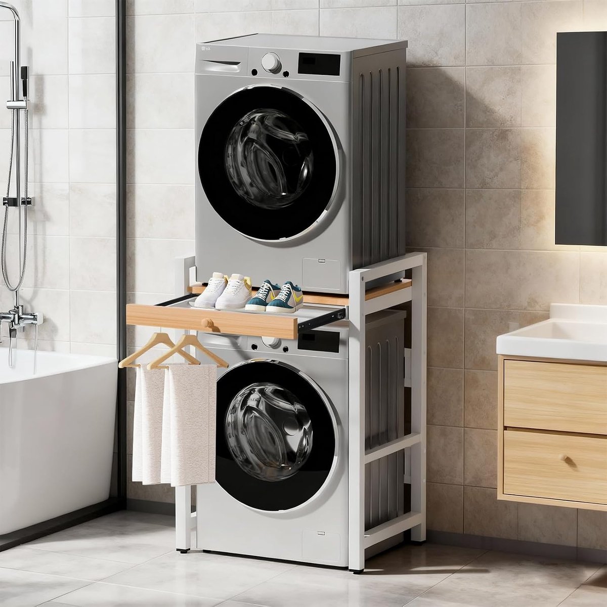 Boven wasmachine, opslagrek boven de wasmachine, wasmachinekast met droger, draagvermogen 350 kg, voor wasmachine en droger, 73 * 63 * 105 cm (Wit)