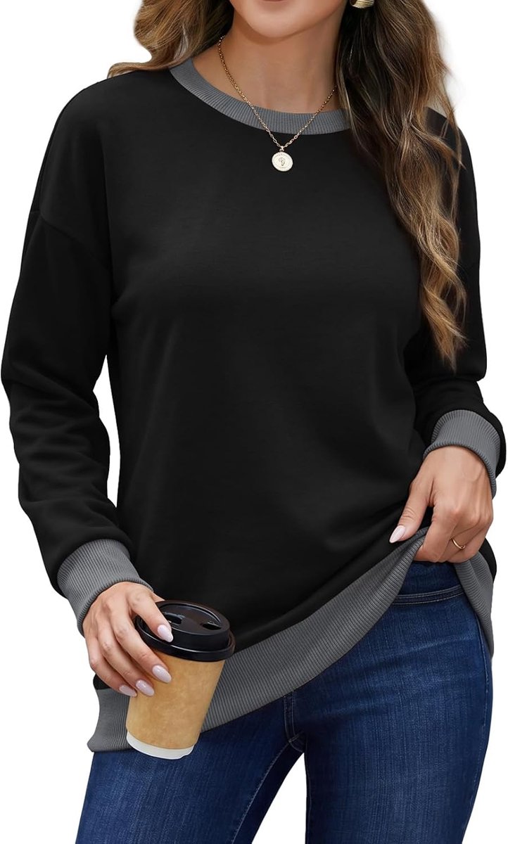 Trui dames ronde hals sweatshirt contrast losse lange mouwen bovenstuk