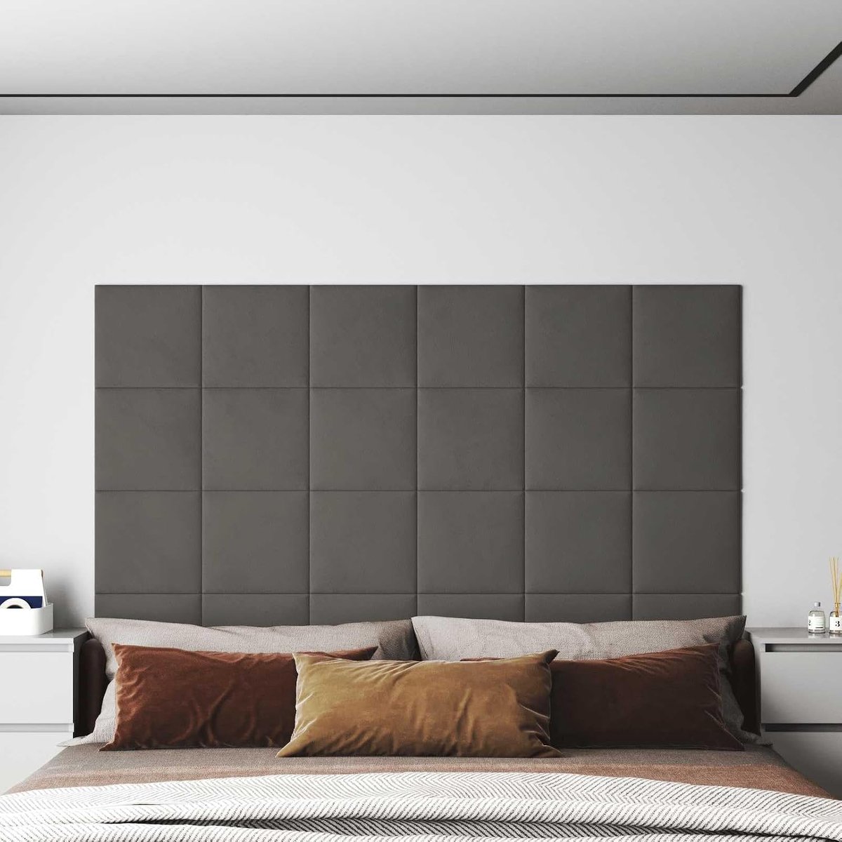 Hoofdeinde 12 stuks rechthoekig voor slaapkamer, modern velours wandpaneel donkergrijs met basis van houtmaterialen, elegante decoratie vereist montage