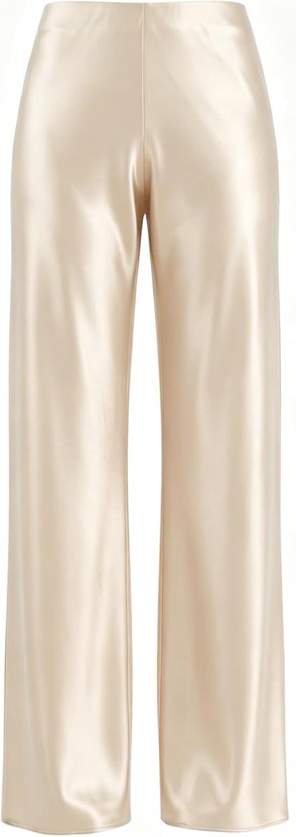 Damesbroek met wijde pijpen, hoge taille, satijn, imitatie zijde, vloeiende stof, slanke look, lange stoffen broek, kantoor, feest, dagelijks gebruik
