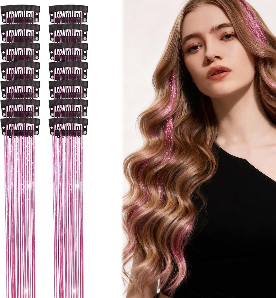 12 Stuks Haartinsel Clip-in Extensions Glitter Magenta Roze 20 Inch