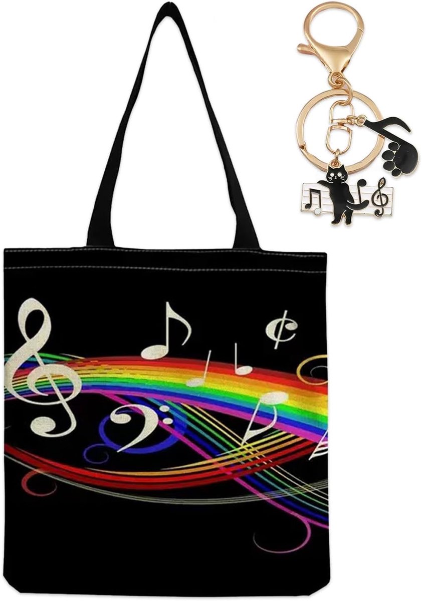 Dailygoods- Boodschappentas Herbruikbaar - Katoenen Shopper met Muziekpatroon - Boodschappentas met Rits - Sleutelhanger Muzieknoot - Afmetingen 38 x
