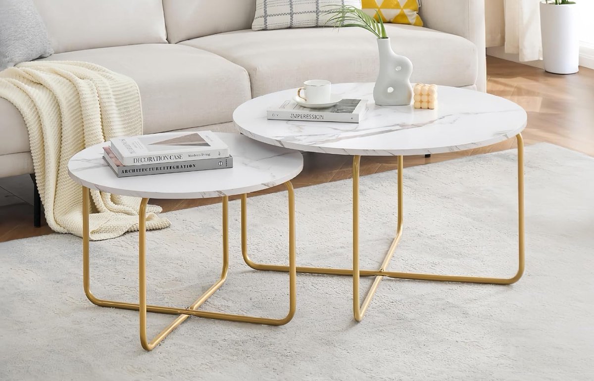 Uittrekbaar, rond, marmer, salontafel, met frame van goudkleurig metaal, ronde bijzettafel, moderne woonkamertafel, geschikt voor woonkamer, slaapkamer, balkon, belastbaar tot 50