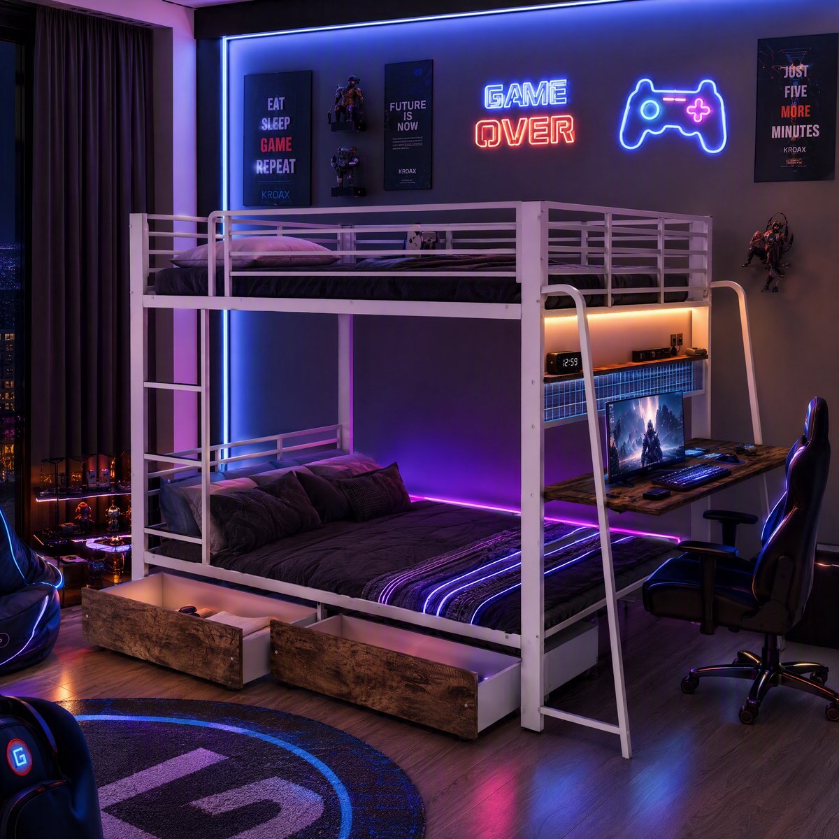 Zubaliya Metalen hoogslaper 140 x 200 cm - met bureau, 2 lades, RGB-LED en USB-C - mat wit en walnootkleur