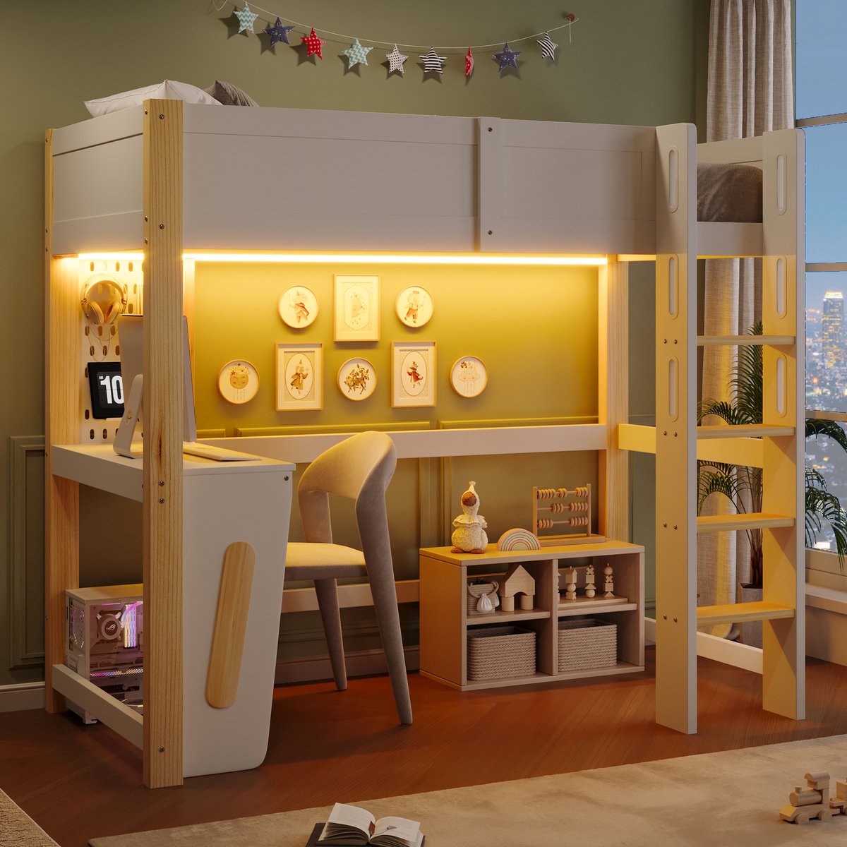 Zubaliya Houten hoogslaper 90 x 200 cm - met bureau, gaatjeswand en LED - naturel