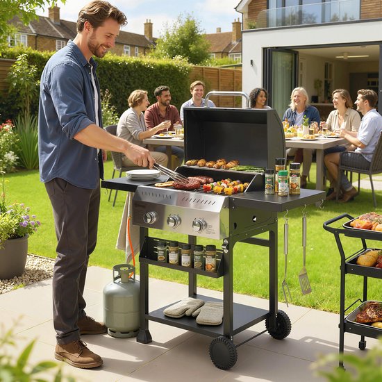 Gasbarbecue 9 kW met 3 branders-roestvrijstalen barbecuewagen-inclusief inklapbaar bijzettafeltje-kruidenhouder-onderste plank en 6 haken. — afbeelding 3