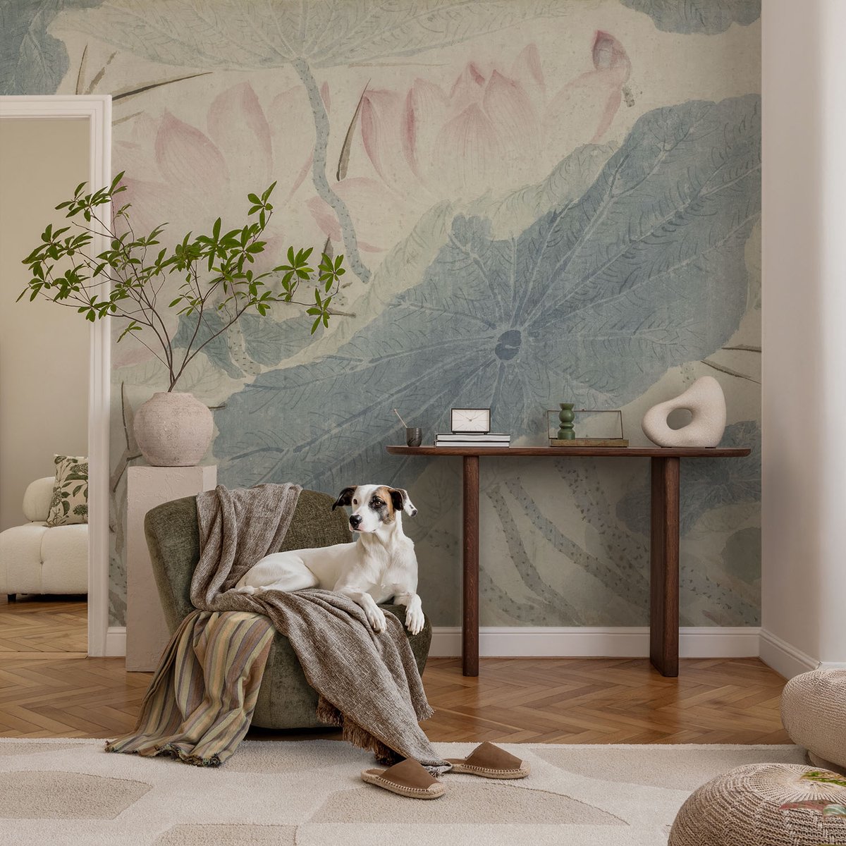 Coloray Vliesbehang - Grijs Snellijm Behang - 104x70 cm - Lotusbladeren Muurschildering - Slaapkamer behang Bloemen En Planten - Fotobehang Vlies - Slaapkamer behang