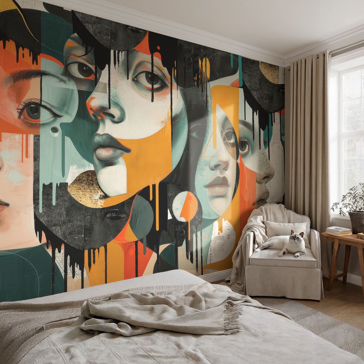 Coloray Vliesbehang - Zwart Snellijm Behang - 104x70 cm - Kleurrijke Gezichten Fotobehang Vlies - Hal behang Deel - Muurschildering - Woonkamer behang