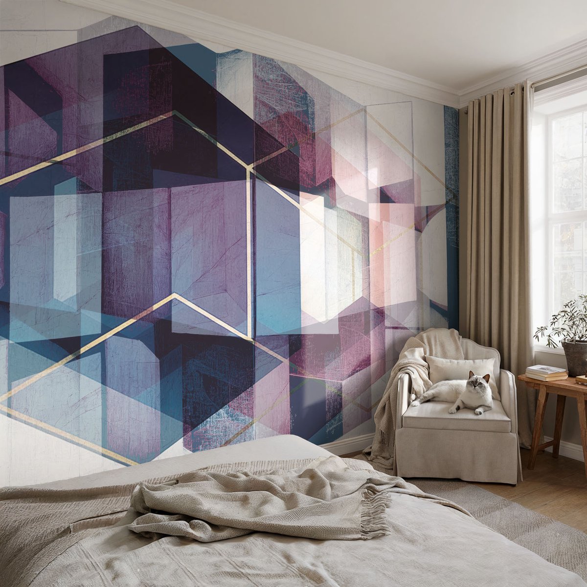 Coloray Vliesbehang - Marine Snellijm Behang - 104x70 cm - Geometrische Kubussen Fotobehang Vlies - Woonkamer behang Abstractie - Muurschildering - Woonkamer behang