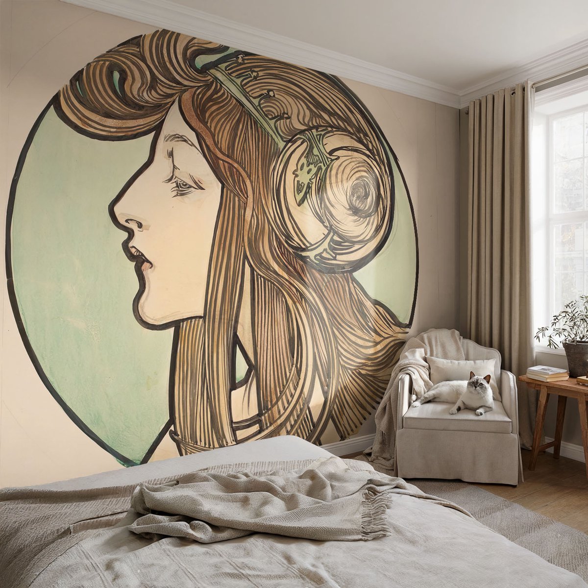Coloray Vliesbehang - Beige Snellijm Behang - 104x70 cm - Art Nouveau-Portret Muurschildering - Gang behang Deel - Fotobehang Vlies - Slaapkamer behang