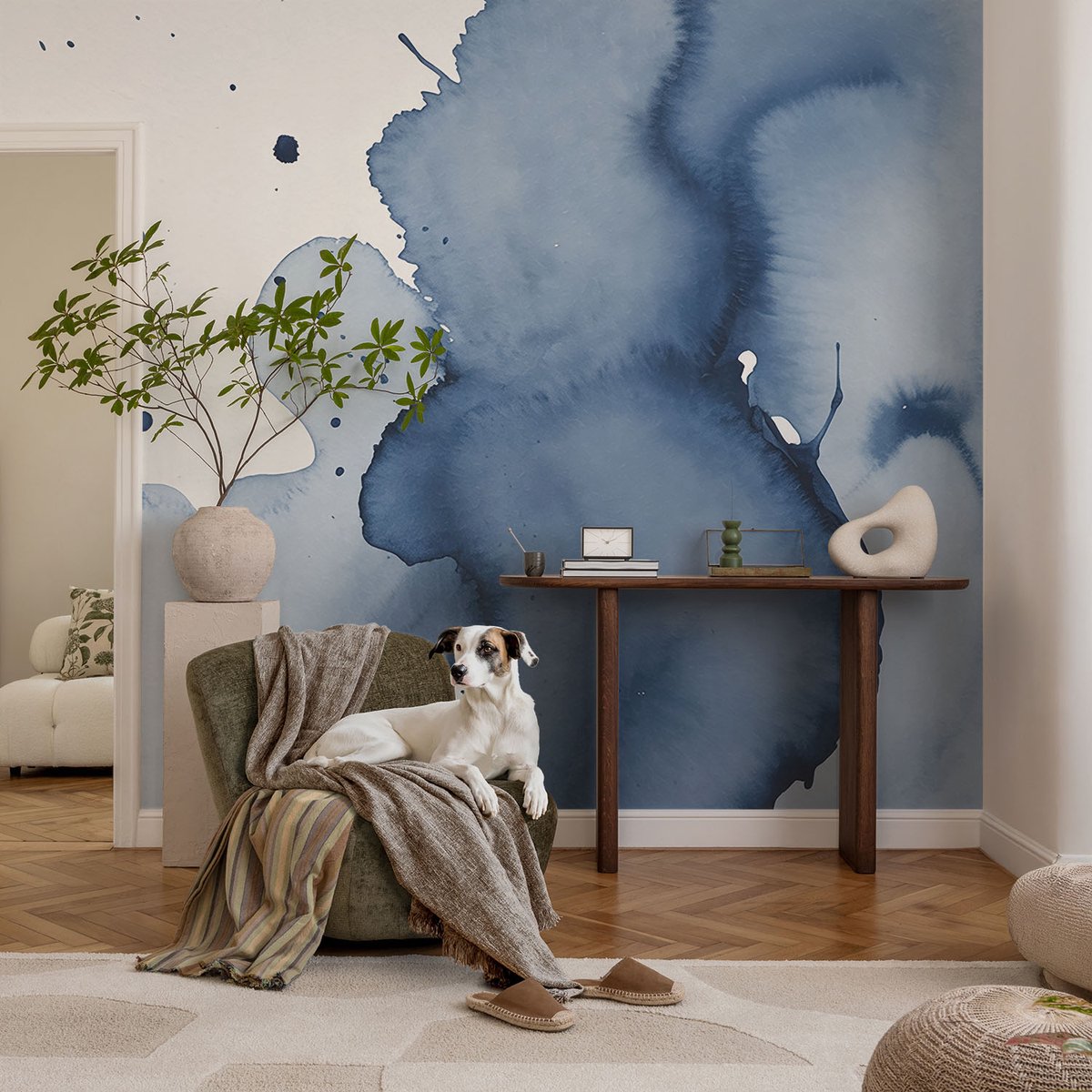 Coloray Vliesbehang - Wit Snellijm Behang - 104x70 cm - Marineblauwe Spetters Muurschildering - Gang behang Abstractie - Fotobehang Vlies - Slaapkamer behang