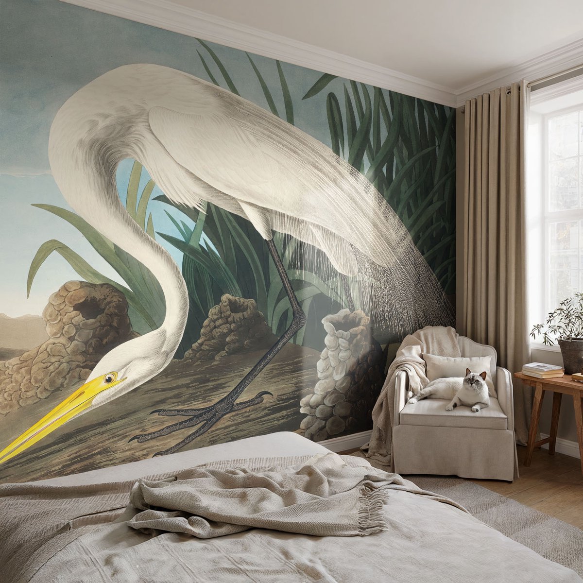 Coloray Vliesbehang - Wit Snellijm Behang - 104x70 cm - Majestueuze Reiger Fotobehang Vlies - Hal behang Dieren - Muurschildering - Hal behang
