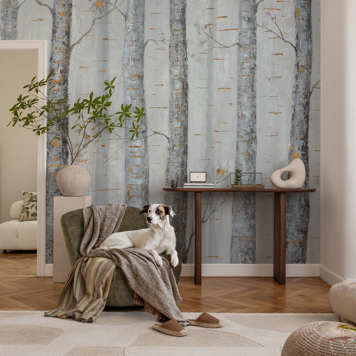 Coloray Vliesbehang - Grijs Snellijm Behang - 104x70 cm - Berkenbomen Fotobehang Vlies - Woonkamer behang Bloemen En Planten - Muurschildering - Woonkamer behang