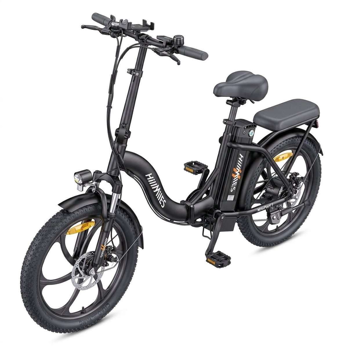 HillMiles MilePort 1 Vouwbare Elektrische Fiets 20 inch Fatband, 250W motor, 36V 13Ah batterij, bereik tot 100km, 7 versnellingen, voorvorkvering, mechanische schijfrem, voor woon-werkverkeer en stadsritten, Zwart