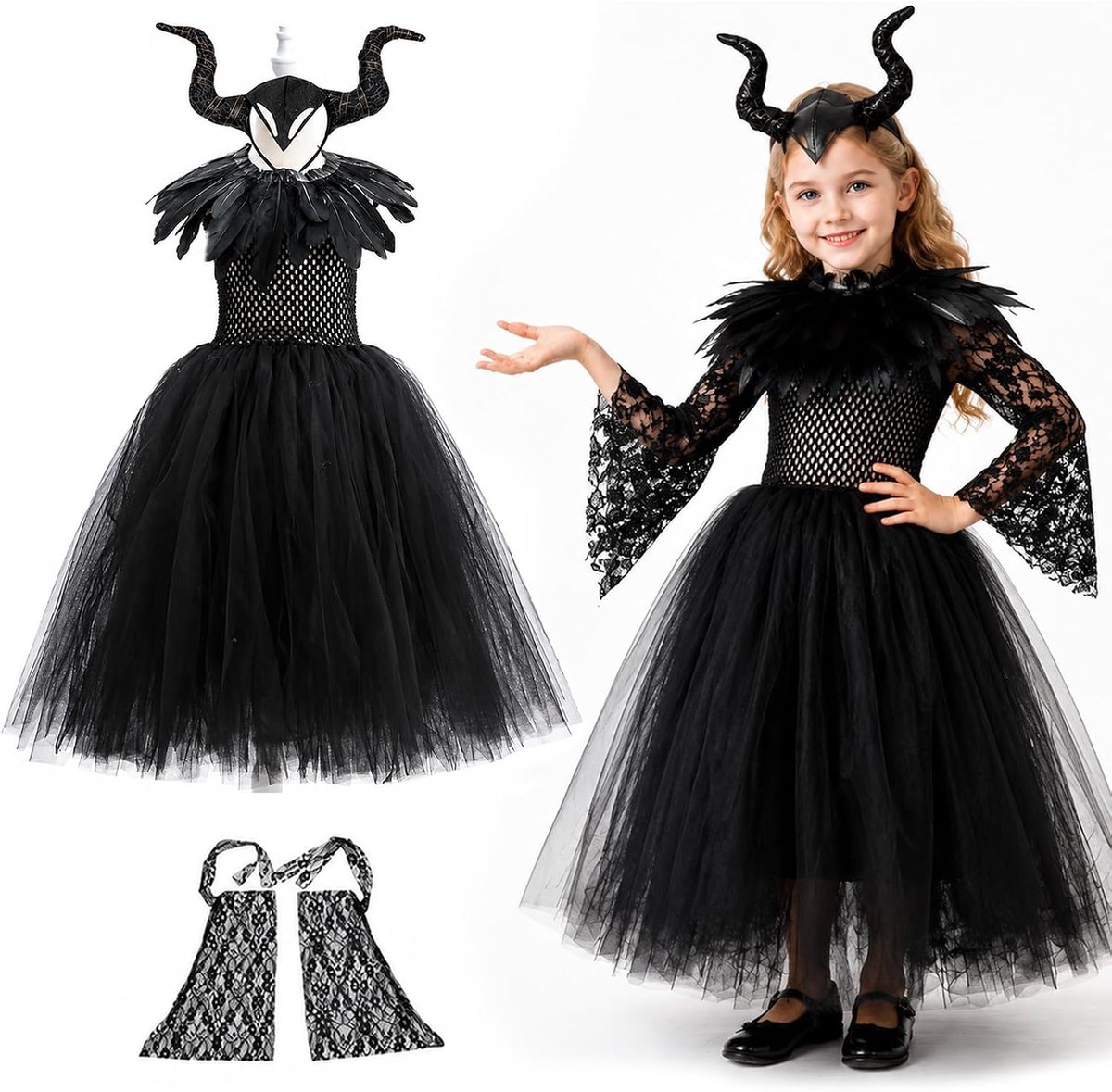 Kostuum voor meisjes, boze koningin, jurk met hoorns hoofdtooi en zwarte vleugelcape, mouwloze boze heksenjurk, duivelshoornkostuum voor Halloween, carnaval, cosplay, themafeest