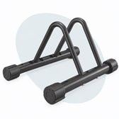 Zwart fietsenrek met twee gebogen steunen en verstelbare uiteinden.