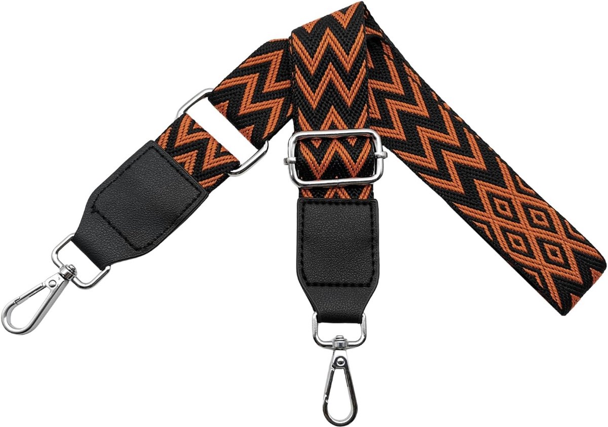 Tasriemen om te wisselen, schouderriem voor tassen, breed, 3,8 cm, van leer met zilveren karabijnhaak, schouderriem, tasriem voor dames, doe-het-zelf accessoires, zwart/oranje, W21