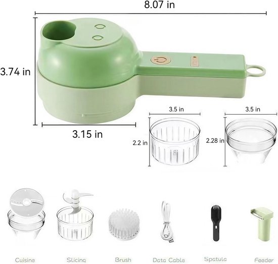 Draadloze elektrische 5-in-1 groentehakker - Elektrische Groente Hakmolen - multifunctionele keukenmachine - met Accessoires - voor Knoflook, Groente en Fruit - groen — afbeelding 3