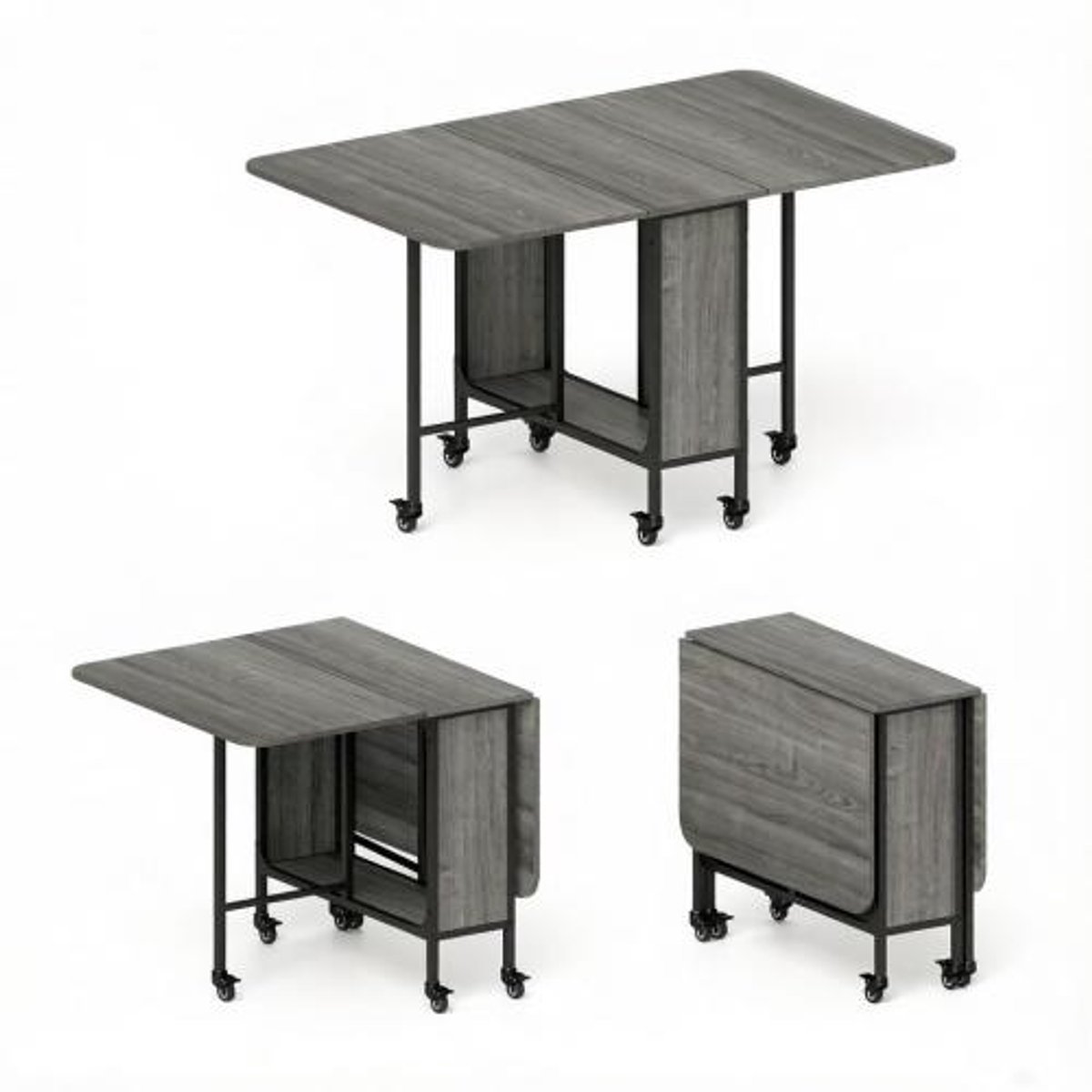 Opklapbare eettafel - Uitschuifbare keukentafel - Met wielen en remmen - Opbergvak - Voor 6 personen - Woonkamer - 130x80x74cm - Grijs