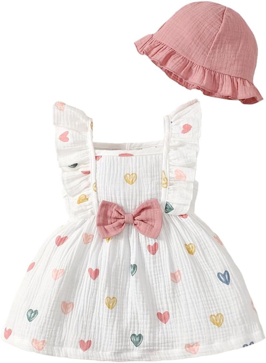 Zomer- en herfstjurk voor peuters, babymeisjes, outfit met ruches, hart/bloemenpatroon, boho-jurk, schattige babyzomerjurk met hoed