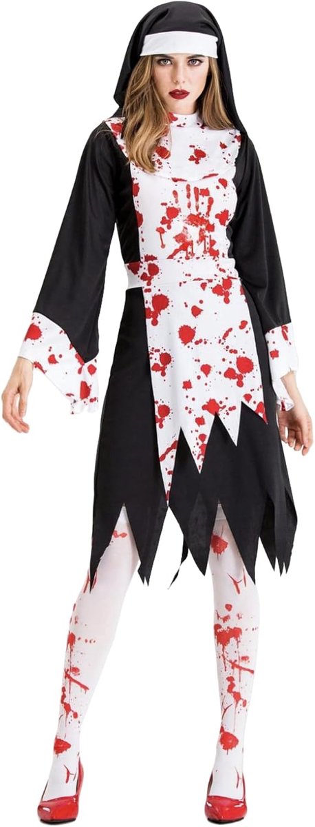 Bloed-bevlekte non kostuum bloedige handafdrukken, zombie outfit met bloedige kousen, griezelig non kostuum voor Halloween feesten en cosplay