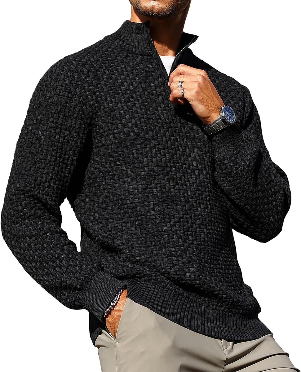 Herentrui met halve ritssluiting, elegante rolkraag, gebreide trui