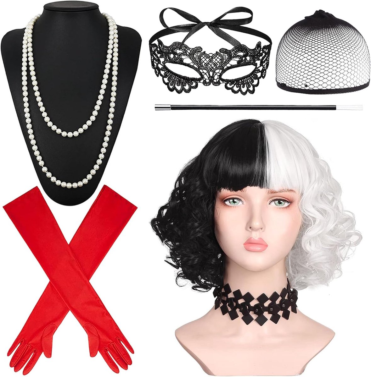 Kostuum Dames Halloween, Zwart Wit Pruik Korte, Kostuum Set Jaren 70 Accessoires, Rode Handschoenen, Parelketting en Pruikenmuts Halloween Kostuum Dames Carnaval Cosplay