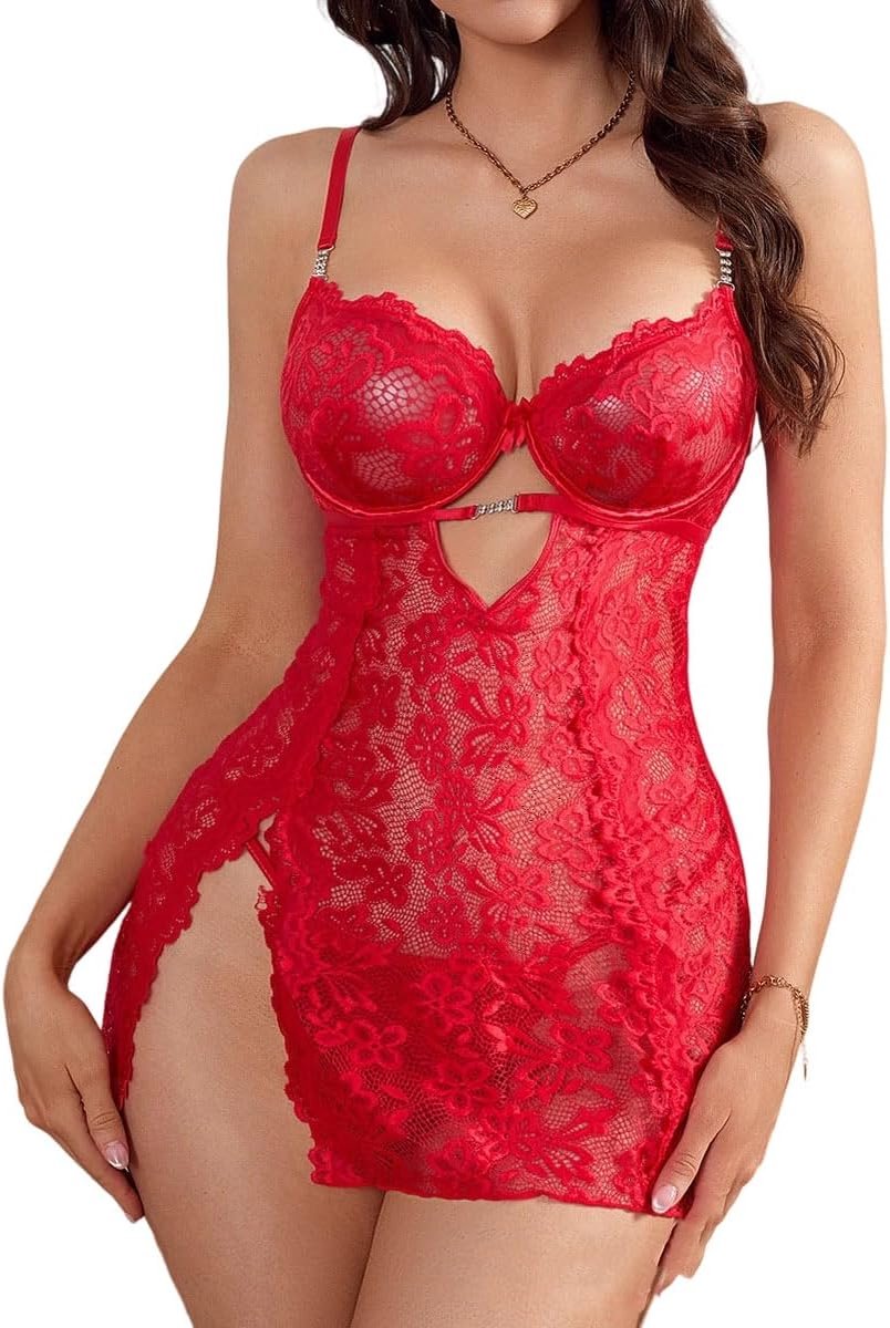 Dames bloemen kant lingerie kant babydoll mesh chemise kleding met zijsplit nachthemd met ketting met tanga verleiding transparante kleding voor binnen