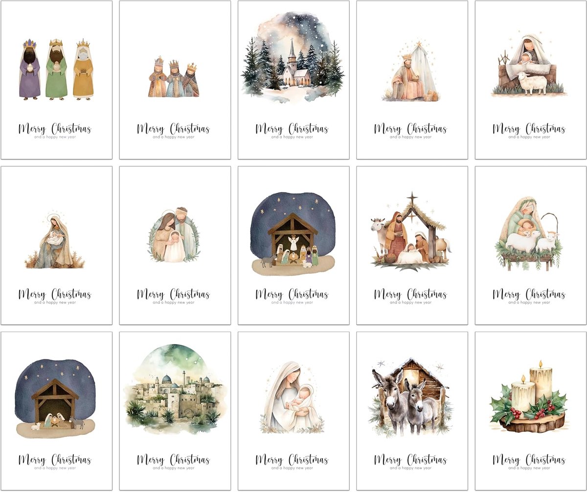 30 religieuze kerstkaarten met 15 verschillende aquarelontwerpen en 30 kraftbruine enveloppen van gerecycled papier