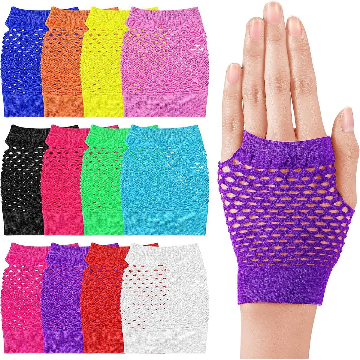 24 stuks vingerloze nethandschoenen voor meisjes dames kostuum jaren 80 rockero vintage retro neon discotheek Halloween carnaval