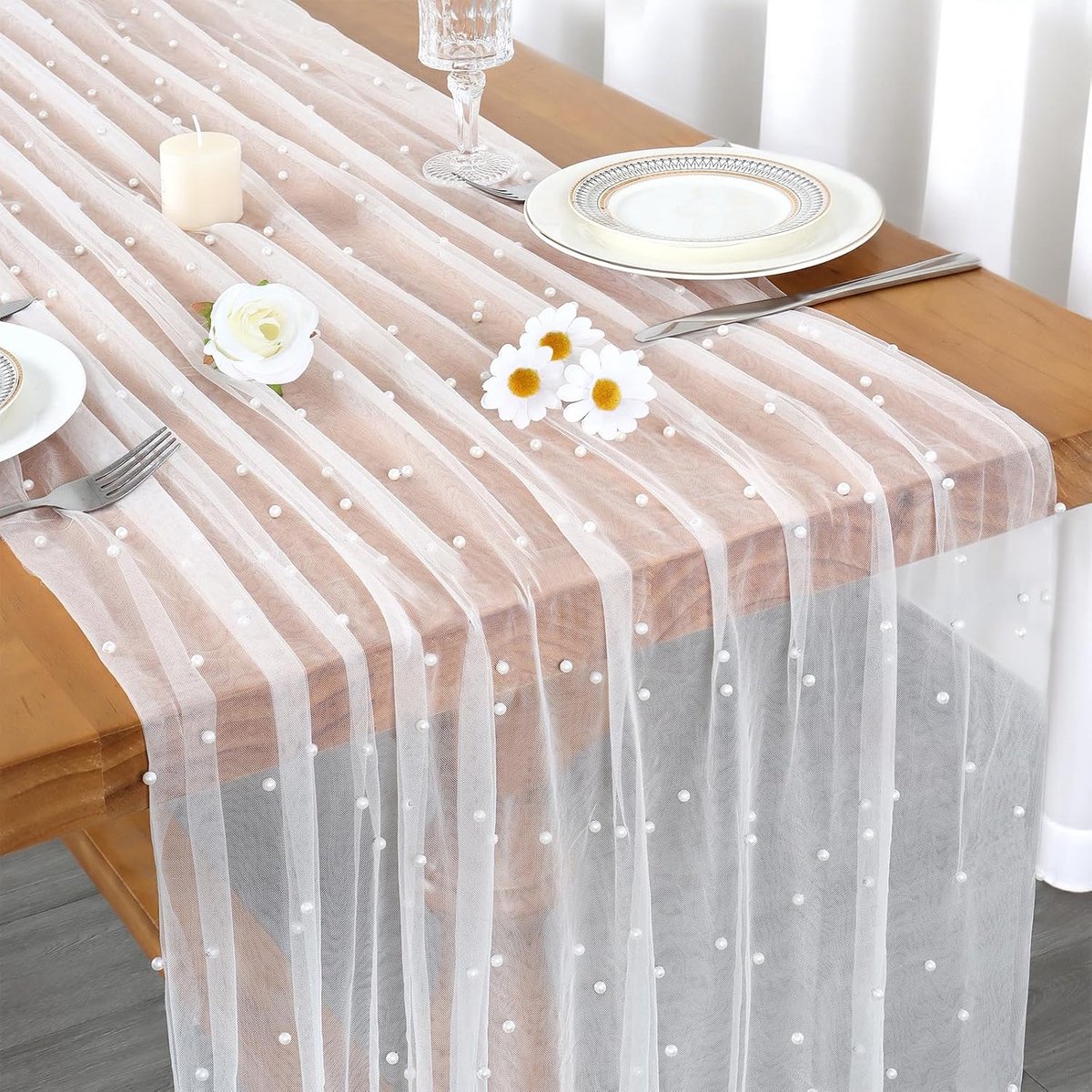 Tafelloper tule parels 75 x 300 cm tafelloper bruiloft kaasdoek tafelkleed kant stof tafelloper voor bruidsfeest verjaardagen party keuken tafel decoratie (wit, 75 x 300 cm)