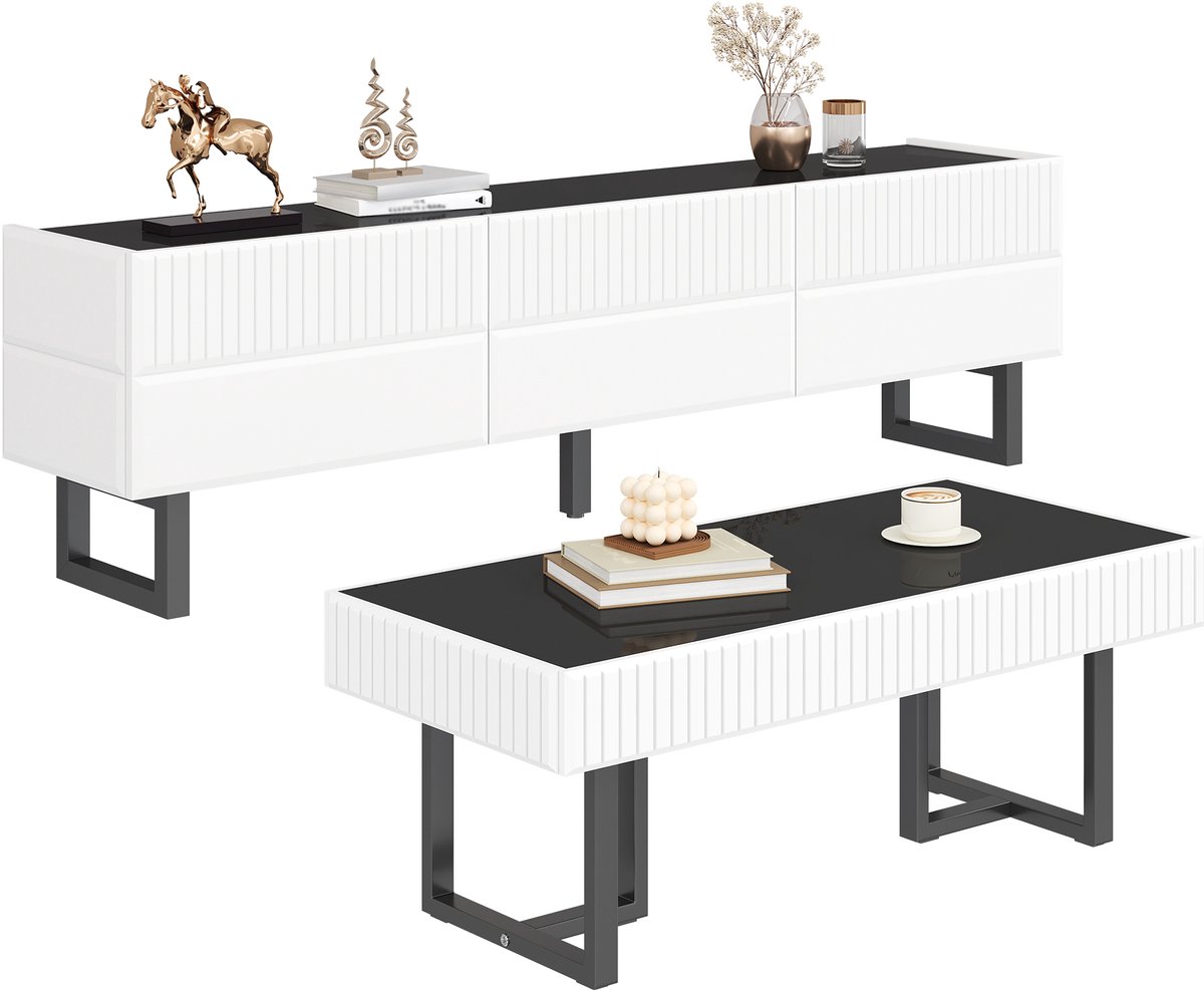 tv meubel en salontafel set Zwart-Wit - 170 cm tv-kast en 110 cm tafel - Modern verticaal strepenmotief - Hoogglans tafelbladen - Ruime opbergruimte voor woonkamer