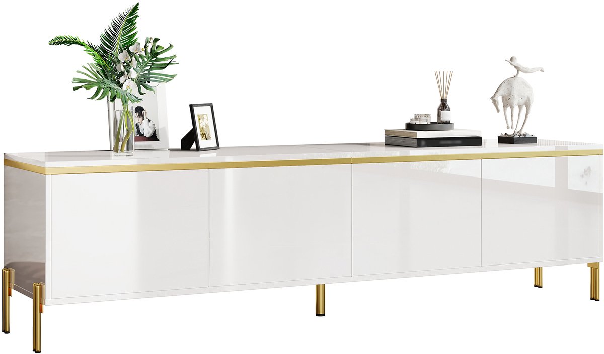 Hoogglans tv meubel met 4 deuren en kabeldoorvoer - Voor woonkamer - 170 cm breed - Wit en goud - Ruime opbergruimte - Metalen poten